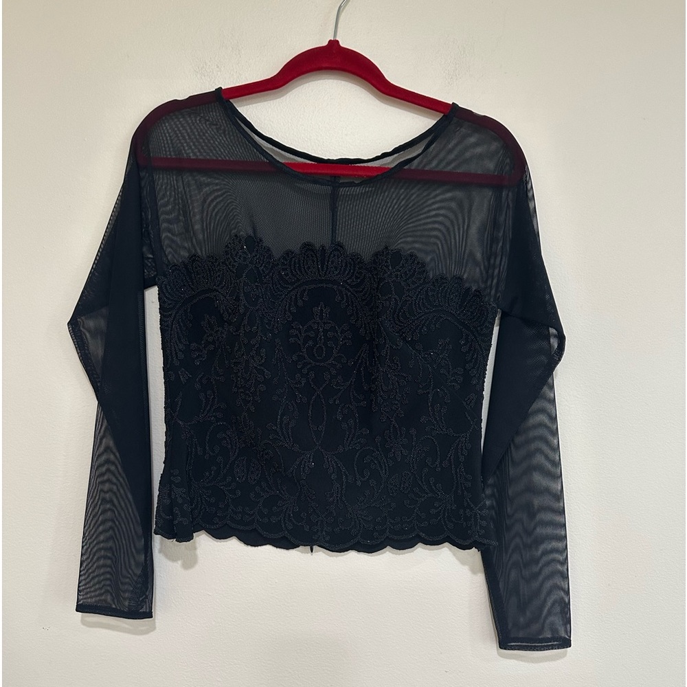 Vintage black sheet JS boutique long sleeve embellished back zip blouse.